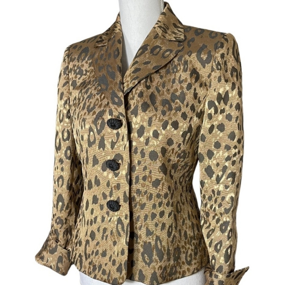 Le Suit Brown Gold Black Animal Print Blazer Size 2P